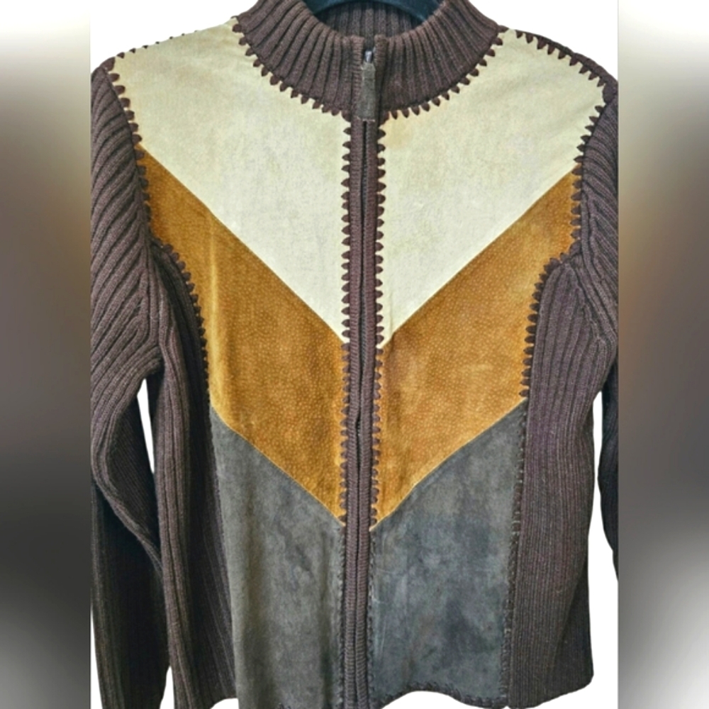 Vintage Designer Studio Western Leather Stitch Colorblock Zip up Jacket Brown - Picture 6 of 15